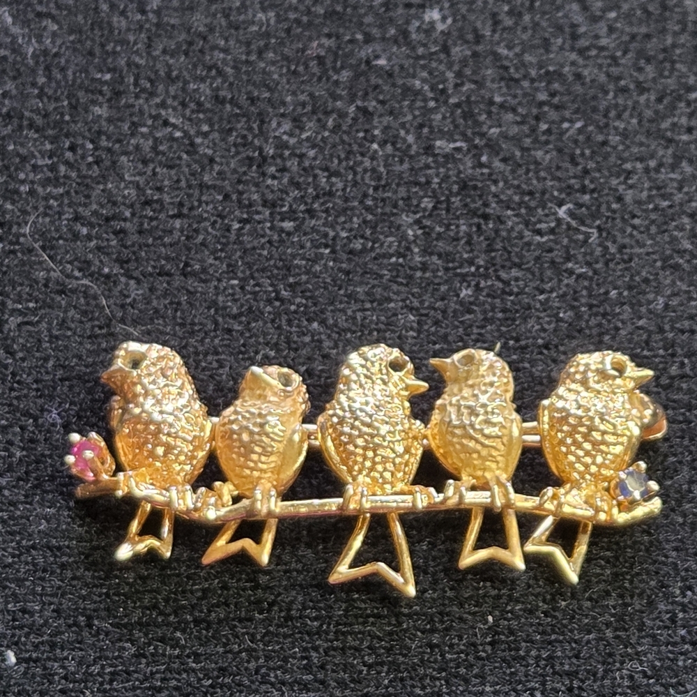 14k Gold 5 Birds On A Branch Pin/brooch